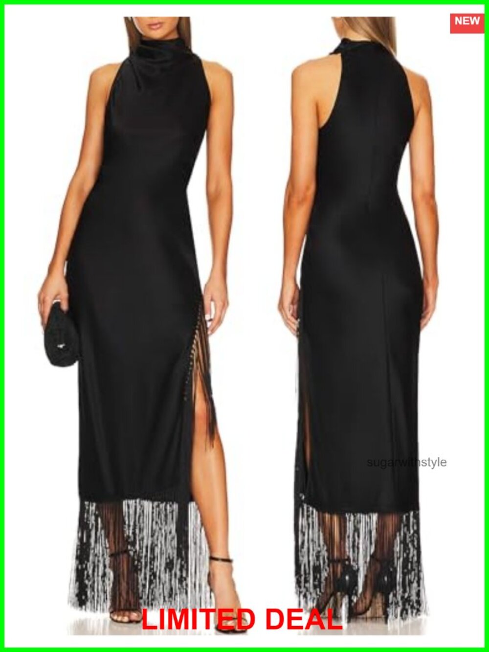 Women Flapper Maxi Dress Halter Tassel Hem High Slit Gatsby Gown